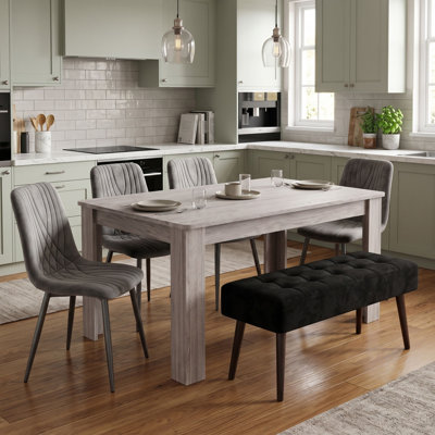 Modern Dining Table Set with Grey Velvet Chairs and Black Velvet Bench 6 Seater Dining Set