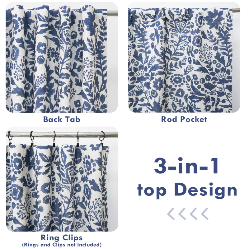 Lark Manor™ 100% Blackout Linen Floral Patterned Curtains Double Layer Drape Rod Pocket Back Tab, 52" W x 84" L
