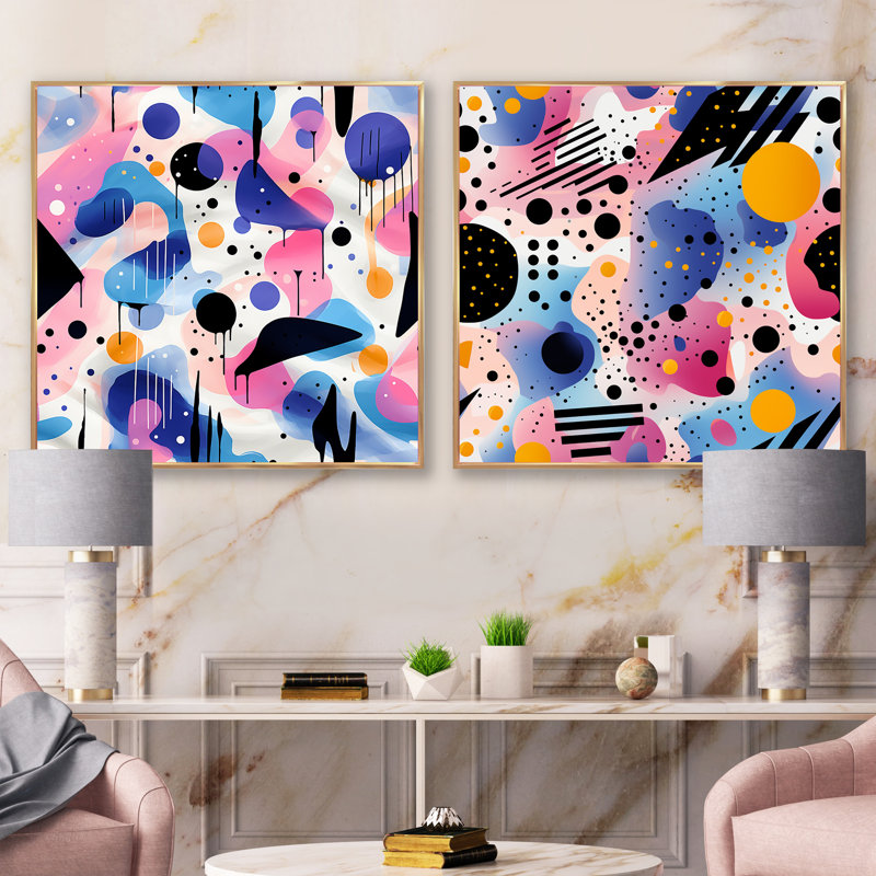 Mauve et rose Designer Dot and Waves II - Ensemble de 2 collages abstraits carrés, Cadre flottant doré, H 30 po x l 61 po