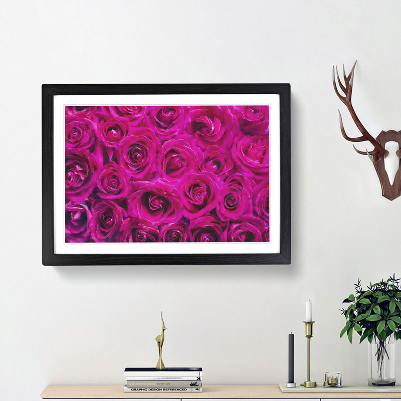 Wall of Bright Pink Roses - Picture Frame Painting Print, Black Framed, 33cm H x 45cm W x 2cm D