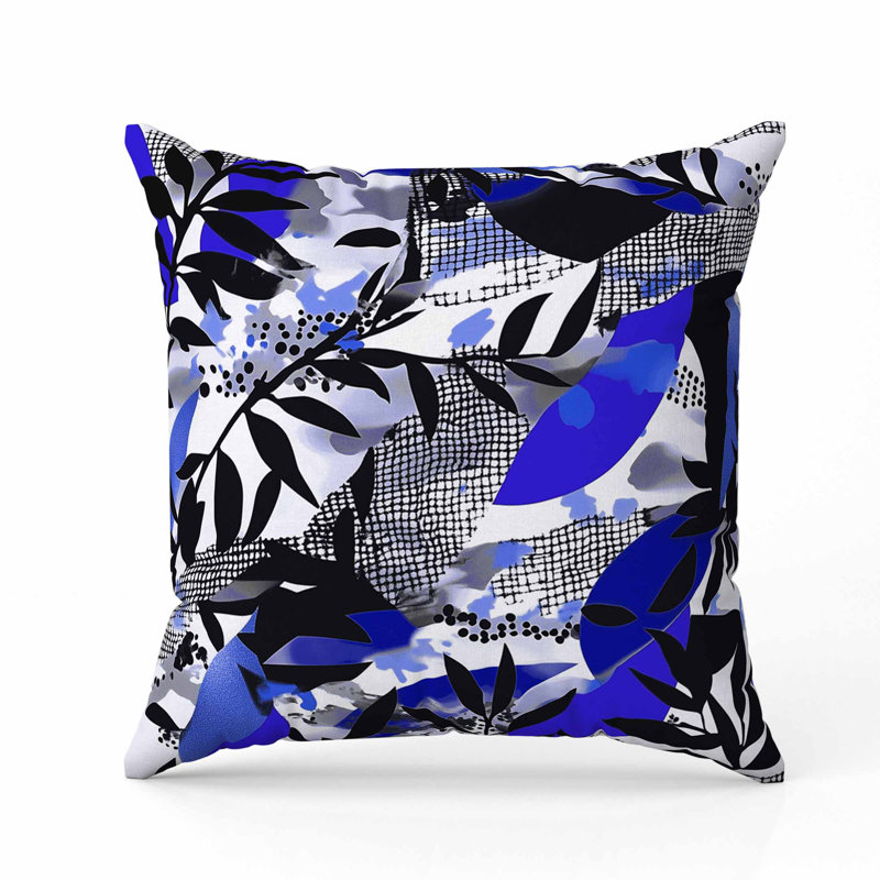Coussin Leafy, Bleu / noir / blanc, Carré 16 po