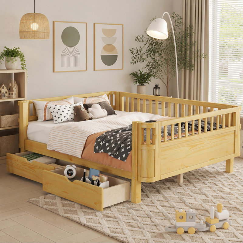 Lit plateforme double en bois pour enfants, lit double en bois à profil bas avec rails pour filles et garçons, naturel