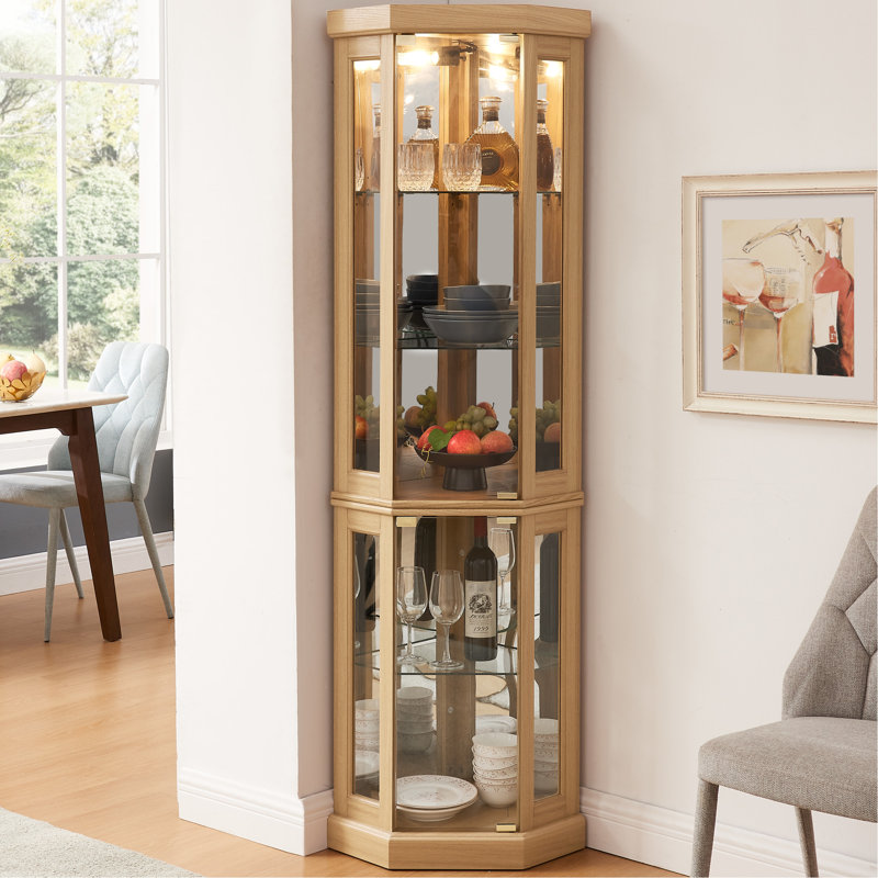 Vitrine de coin lumineuse - Vitrine de salon, objets de collection antiques, rangement pour verres à vin et à bar - Design élégant d'angle avec lumières incluses - chêne