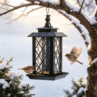 Grands mangeoires d'oiseaux pour l'extérieur, lanterne suspendue mangeoire pour oiseaux sauvages avec contenant transparent et large plateau pour graines mélangées, noir