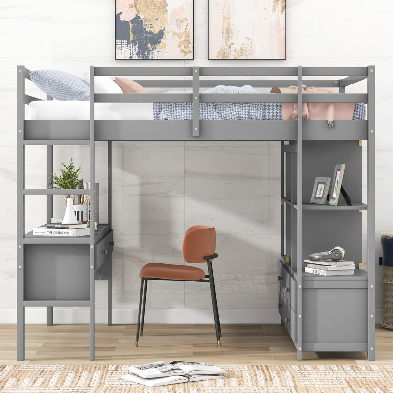 Full Loft Bed with Built-In Desk, Two Drawers and Storage Shelves, Multi-Function Elevated Platform, Grey