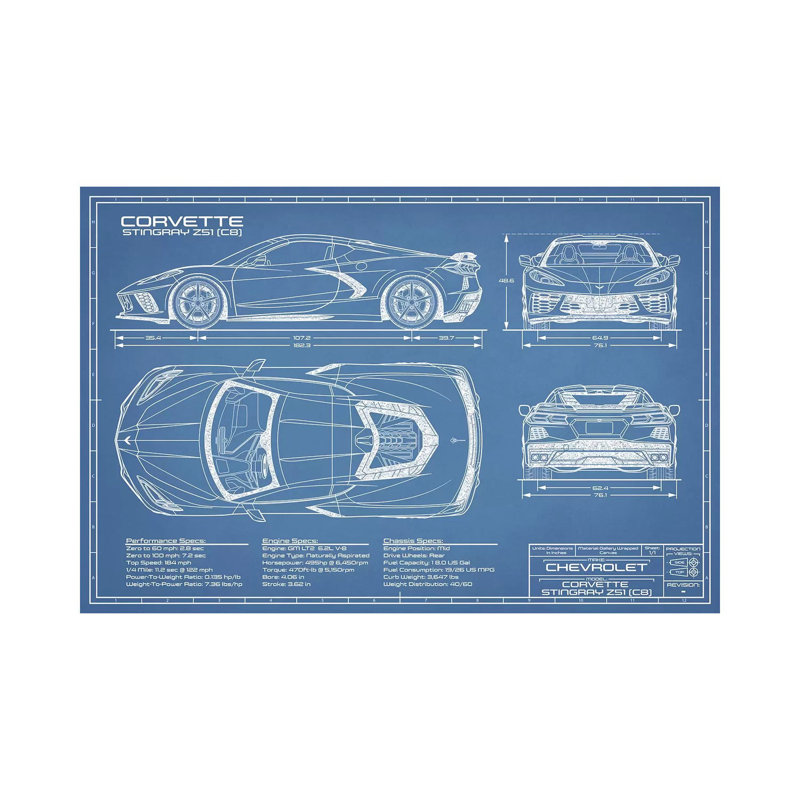 Corvette (C8) Stingray Blueprint by Action Blueprints - Wrapped Canvas Print, 20.32 cm H x 30.48 cm W