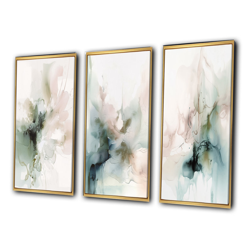 «Green and Cream Essence Of Modernity III», ensemble d'art mural abstrait en marbre, Cadre flottant doré, H 40 po x l 60 po