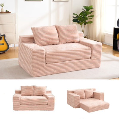 56"Memory Foam Loveseat Compression Sofa For Living Room - No Assembly, Convertible 2-In-1 Design, Corduroy Fabric - Compact Couch For Small Spaces, Apartments, Home Office & Bedroom(Pink)