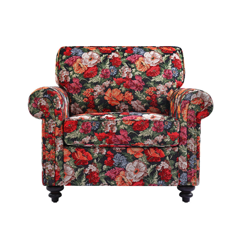 Upholstered Cotton Blend and Herringbone Armchair, Black Floral