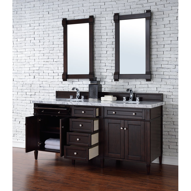 Meuble-lavabo double l 72 po Dussault, Acajou bruni, Blanc de Carrare, 8 po