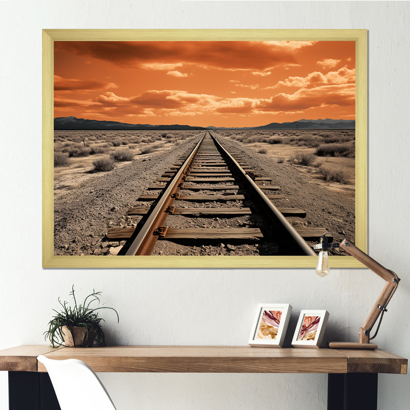 Train sur rails, impression de minimalisme sur toile, Encadrement doré, H 24 po x l 32 po x P 1 po