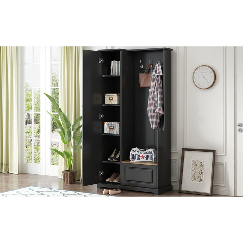 Chic Minimal - Arbre d'entrée noir avec panneau rainuré et crochets de suspension pour l'entrée de la maison