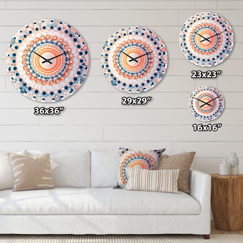 Horloge murale boho mandala rétro en métal bleu et orange, Grand