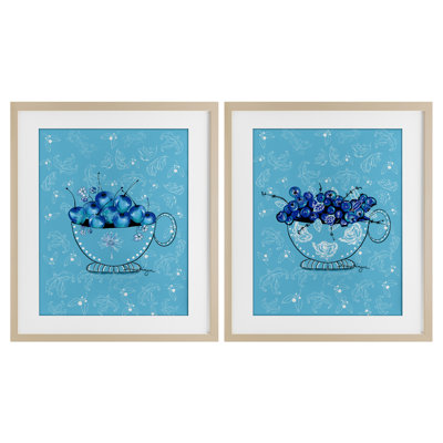 Blue Fruits Teacups 2pc Framed Print Under Glass Set, design by Susan Lugar