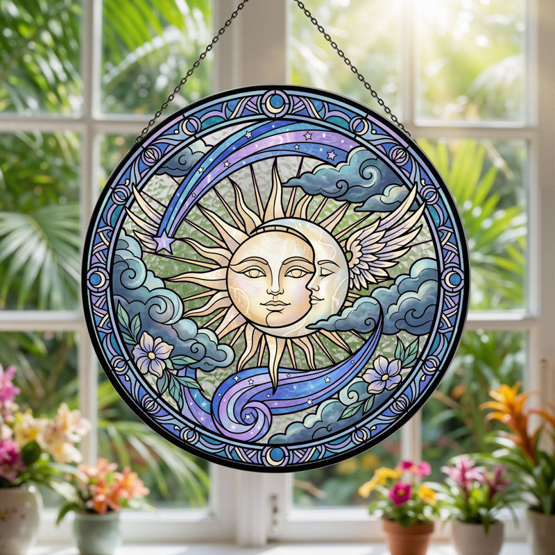 Panneau de vitrail Sun Moon ， 7,8H, H 7,8 po