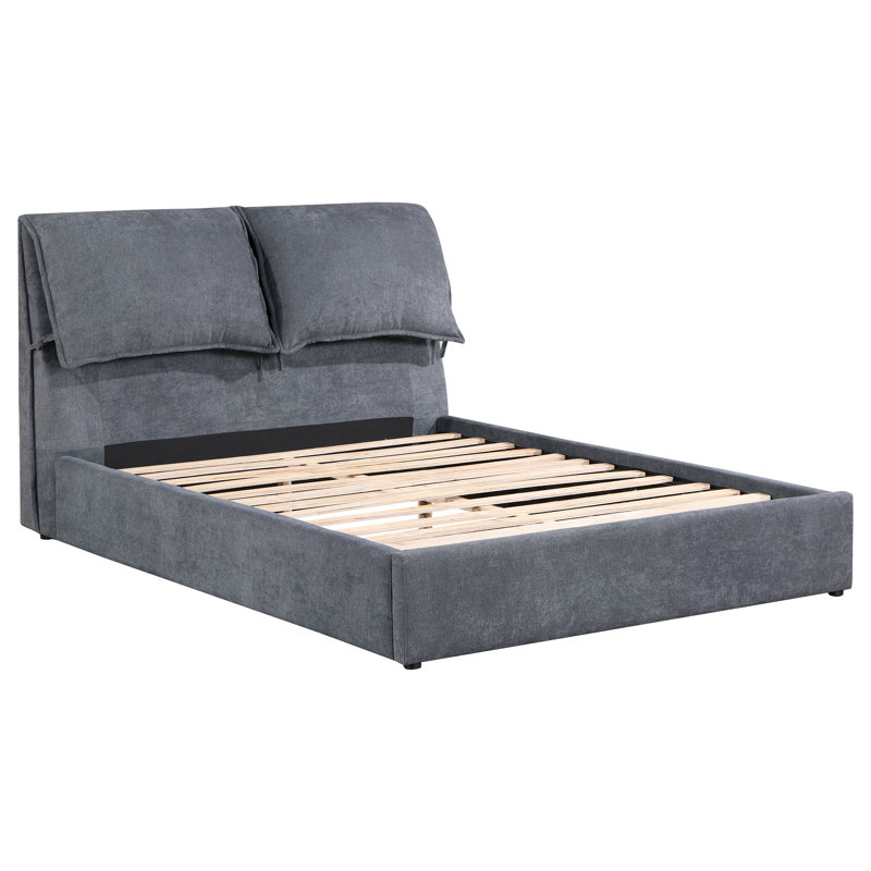 Gray Upholstered King Platform Bed with Pillow Headboard