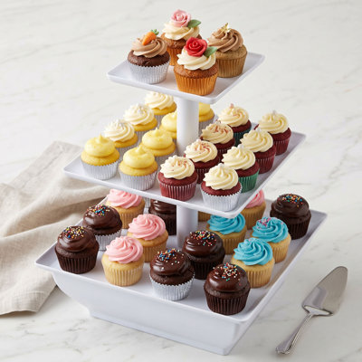 3-Tier Cupcake Stand - Square Display Stand for Birthday, Tea Party, Wedding, or Baby Showers - Dessert Table Display Set (White)