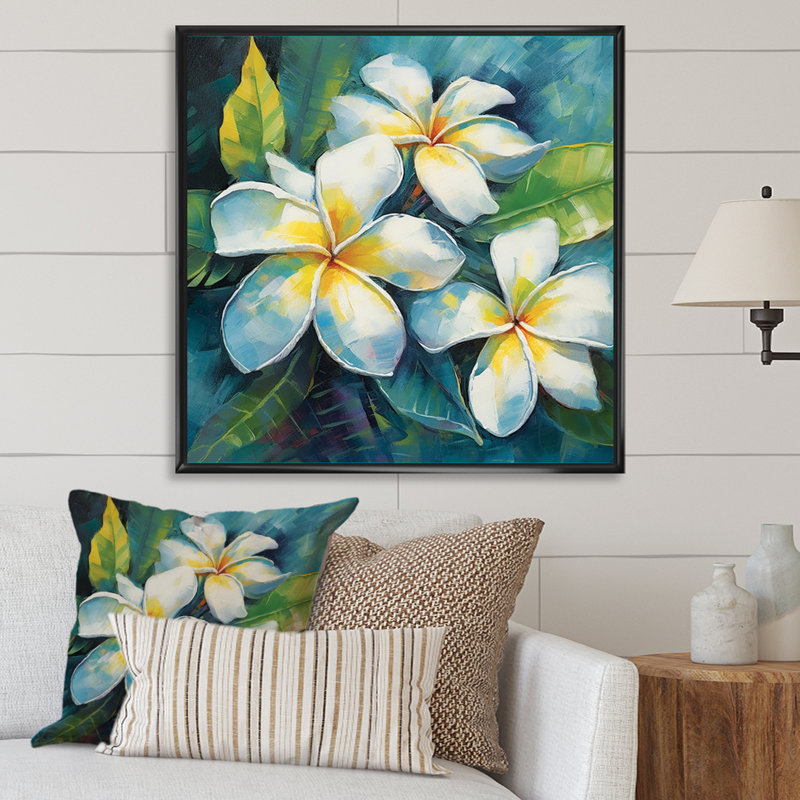 «White Plumeria Symphony Magic I», reproduction sur toile, H 30 po x l 30 po, Cadre flottant noir