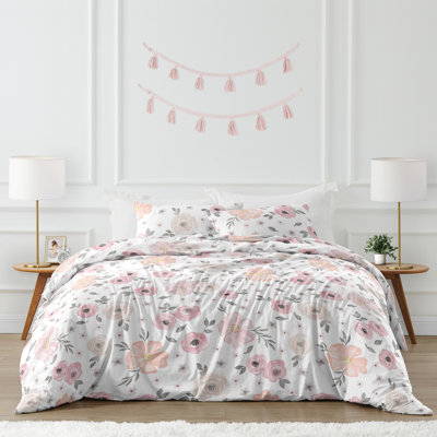 Watercolor Floral Pink and Grey Queen Duvet Cover Bedding Set by Sweet Jojo Designs