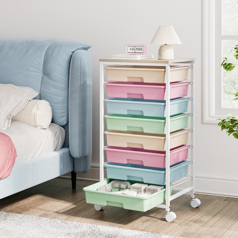 Rolling Storage Cart with Drawers,Utility Cart With 8 Drawers and Wooden Tabletop,Plastic Storage Drawers,Craft Storage