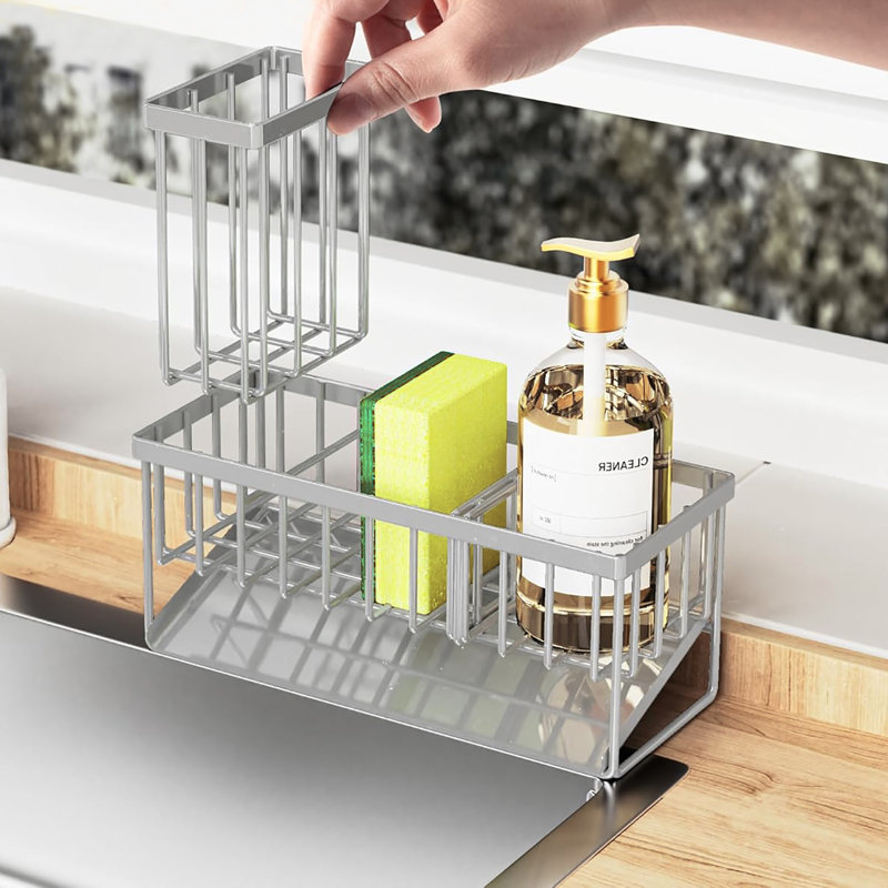 304 Rustproof Stainless Steel Kitchen Sink Caddy, High Brush Holder, Sponge Holder & Soap Dispenser Organizer, Gray