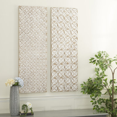 White Wood Intricately Carved Geometric Wall Decor Set of 2 16"W, 48"H