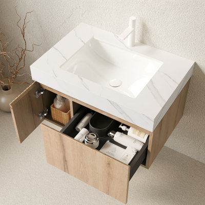 Meuble-lavabo de salle de bain pré-assemblé de 30 po avec comptoir en pierre frittée blanche, trou de robinet de lavabo en céramique, tiroir et porte, armoire en contreplaqué, pierre à fermeture en douceur, lavabo, rangement de porte, chêne, haute performance