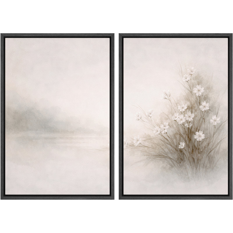 «Soft Misty Lake Landscape with Minimal Floral Botanical», reproduction d'art sur toile encadrée dans la chambre principale, 2 pièces