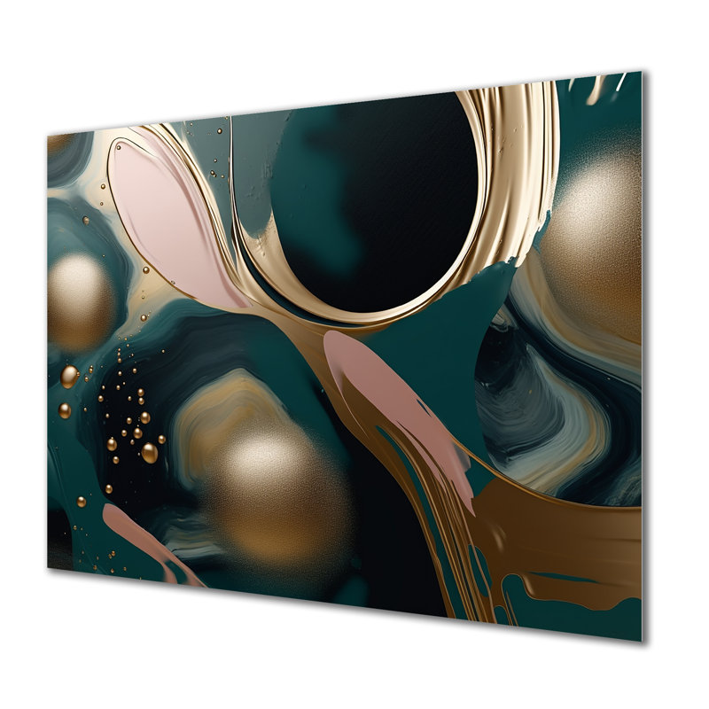 Or et vert abstrait encre liquide harmonie - art mural abstrait encre liquide en métal, H 12 po x l 20 po x P 1 po