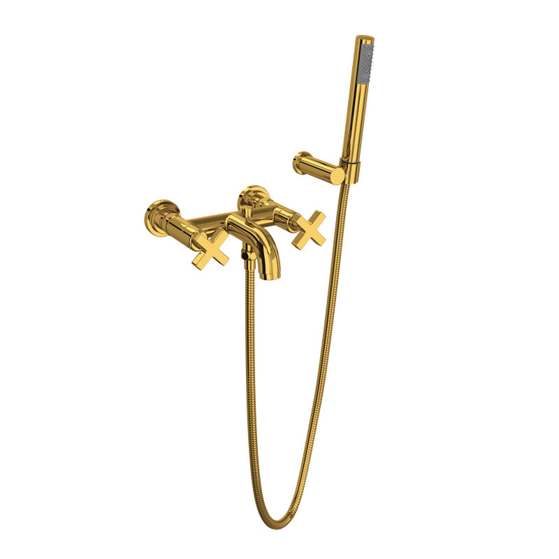 Lombardia Exposed Wall Mount Tub Filler, Cross Handle, Unlacquered Brass