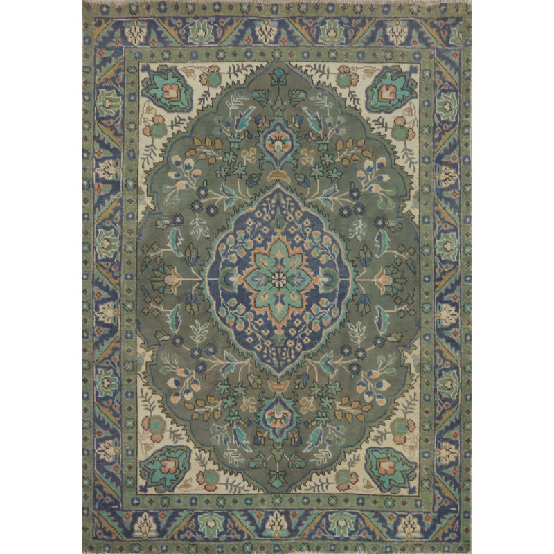 Tapis oriental floral vert fait à la main 5 x 6