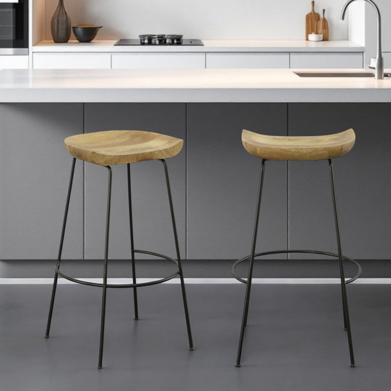 Set of Two 31" Natural and Black Solid Wood and Steel Backless Bar Height Bar Chairs
