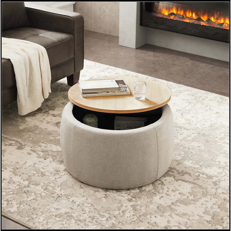 Repose-pieds rond avec rangement 2 en 1, idéal comme table de bout et siège, peu encombrant et multifonctionnel, Gris clair