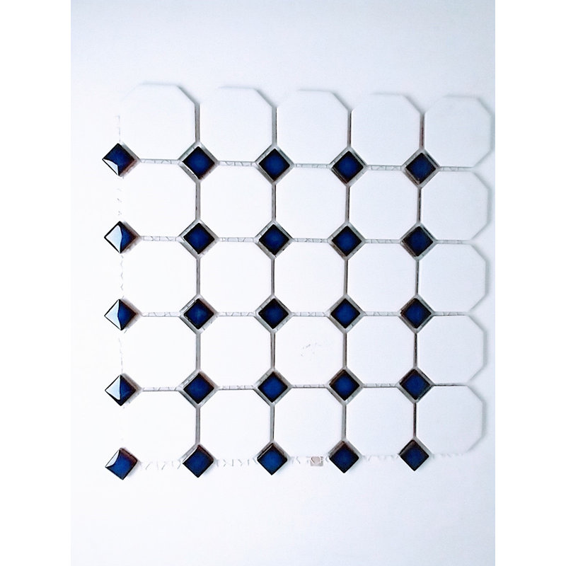 Carrelage mural en porcelaine mate octogonale blanc / bleu cobalt