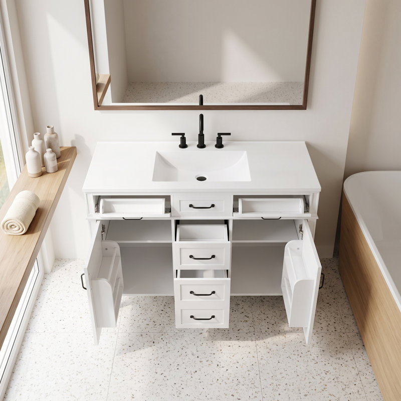 Meuble-lavabo autoportant en MDF de 122 cm (48 po), style moderne avec rangement, lavabo central intégré, comptoir et lavabo en composite SMC, quincaillerie noire, étagères réglables et portes à fermeture amortie.