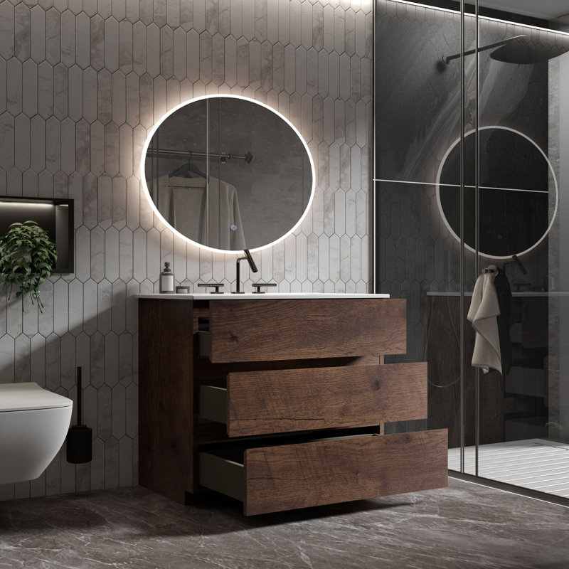 Derrance Single Bathroom Vanity with Ceramic Top, Walnut, 36"