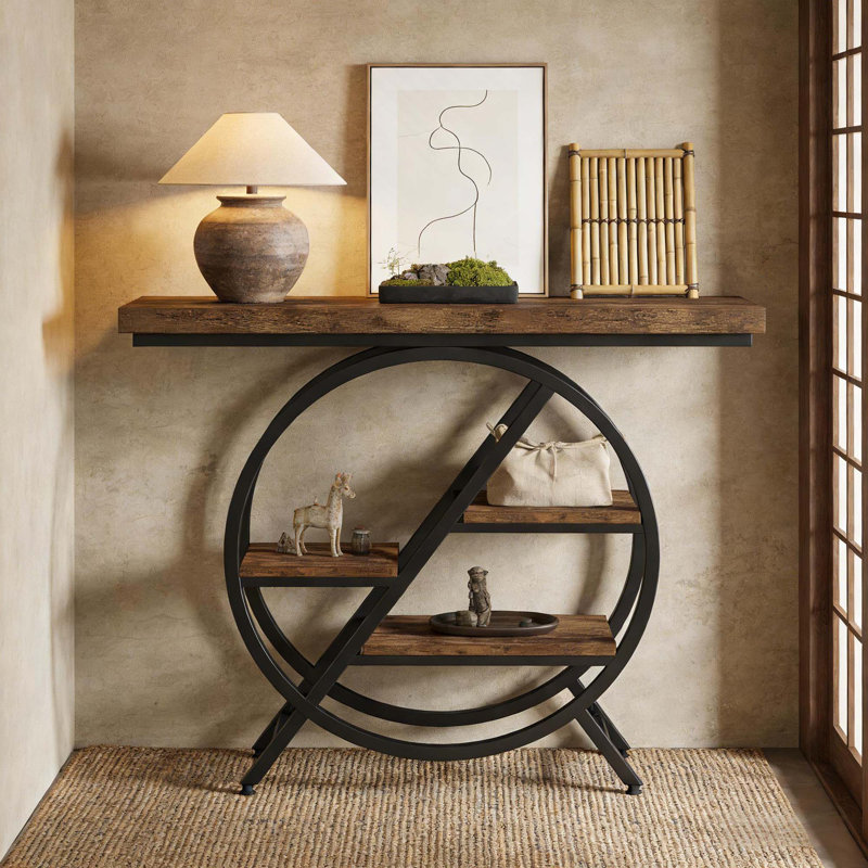 Table de couloir avec tablettes décalées, console chic pour le vestibule, table d'appoint fonctionnelle et robuste avec rangement ouvert