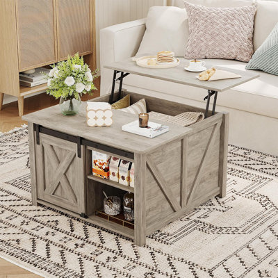 31.5" Square Lift Top Coffee Table with Storage, Farmhouse Coffee Table with Sliding Barn Door, Hidden Compartment and Adjustable Shelves for Living Room