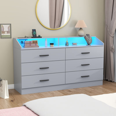Vikky 6 Drawers Dresser with Power Outlet, Chest of Drawers with LED Light, Modern Dresser Organizer