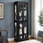 Élégant rangement en verre noir avec charnière, système d'éclairage, conception à six niveaux, cloison mobile pour objets de collection dans la décoration intérieure, éclairage ambiant encastré, installation, tablettes réglables