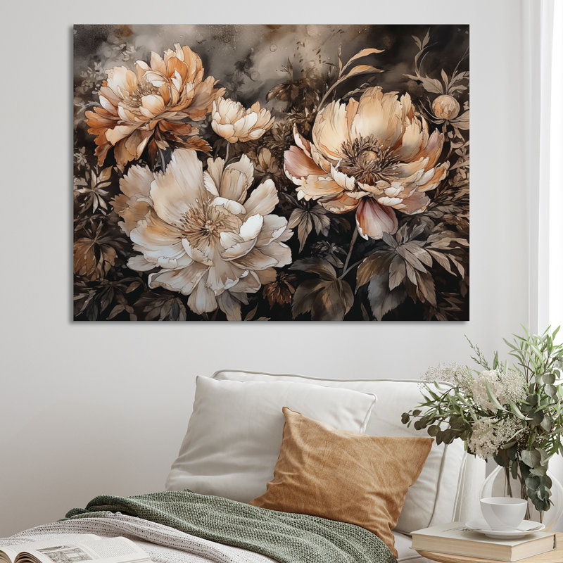 Reproduction sur toile encadrée de pivoines crème et brunes - pivoines, H 16 po x l 32 po x P 1 po, Toile tendue