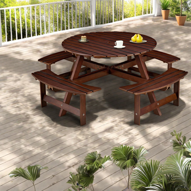 Rustic Patio Dining Set, 8-person Round Table With Wooden Benches, Perfect For Backyard And Garden