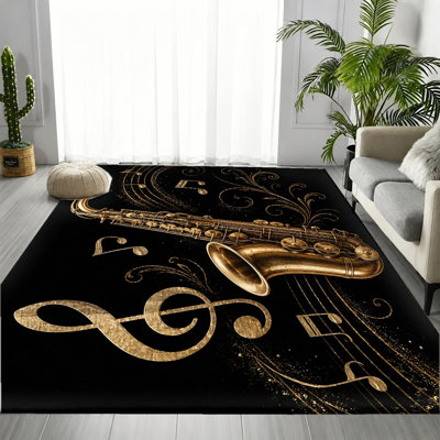 Tapis musical vintage lavable à la machine avec envers antidérapant, motif saxophone noir et or et clé de sol, décoration intérieure chaleureuse pour salon, chambre, entrée, cuisine, balcon, appartement