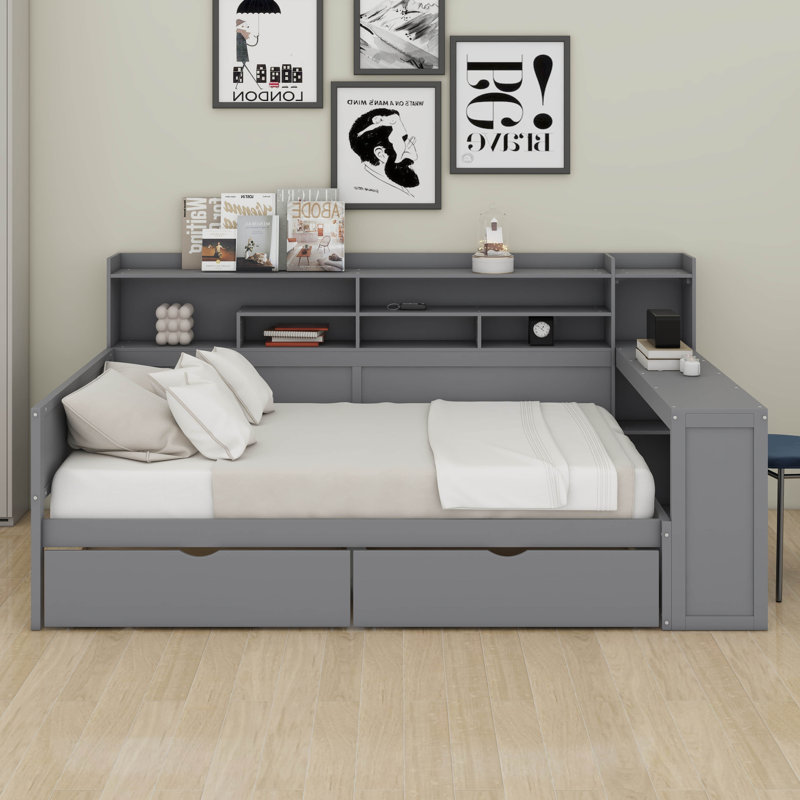 Corner Full Bed Frame With Bookcase Storage And Desk,Wood Day Beds With 2 Drawers, Captains Bed Frame With Bookcase And Headboard
