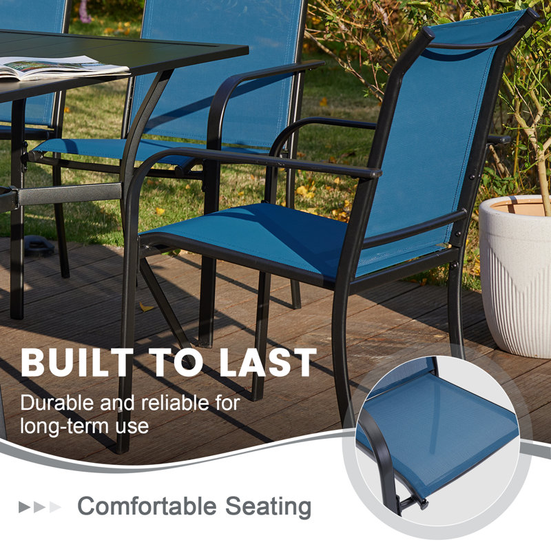 6-Person Patio Dining Set with 63" Rectangular Dining Table and 6 Stackable PVC-coated polyester Chairs, Blue
