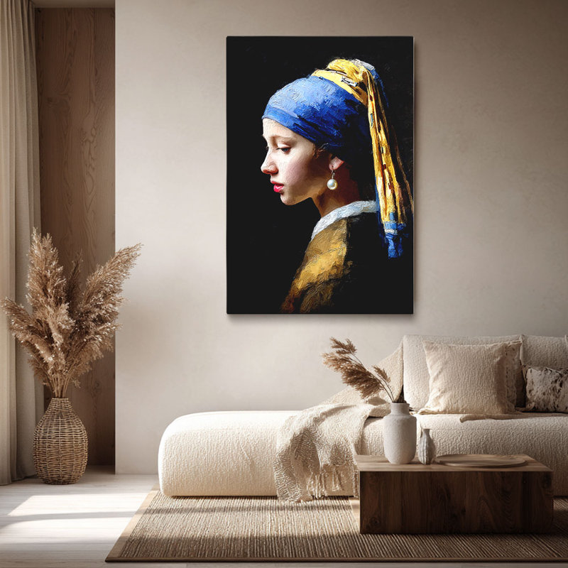 Fille avec une boucle d'oreille perle, art sur toile classique prêt à être accroché - Studio élégant, H 12 po x l 8 po