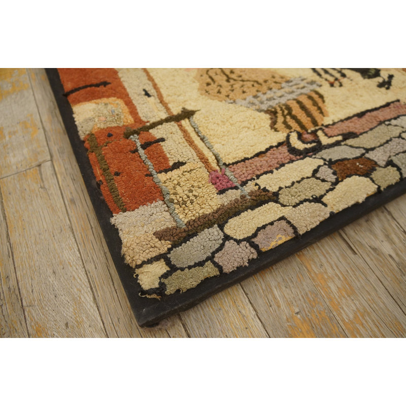 Small Scatter Size American Wool Ivory Antique Hooked 1920s Rug