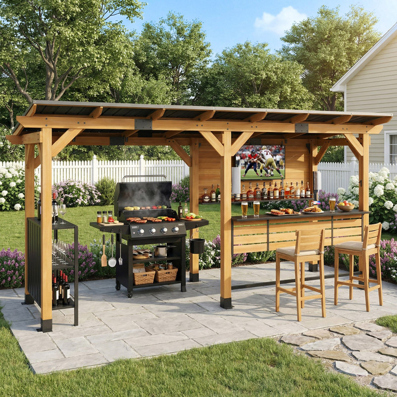 6 Ft. X 14 Ft. Cedar Wood Outdoor Entertainment Gazebo Bar With Hardtop Galvanized Steel Roof, Bar Table And Foot Rest Rail, Metal Storage Cabinet