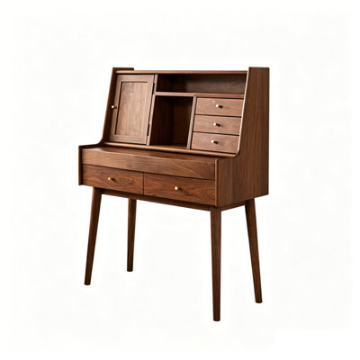 Coiffeuse vintage incurvée en noyer de 100 cm (39,37 po) avec miroir escamotable et rangement à tiroirs