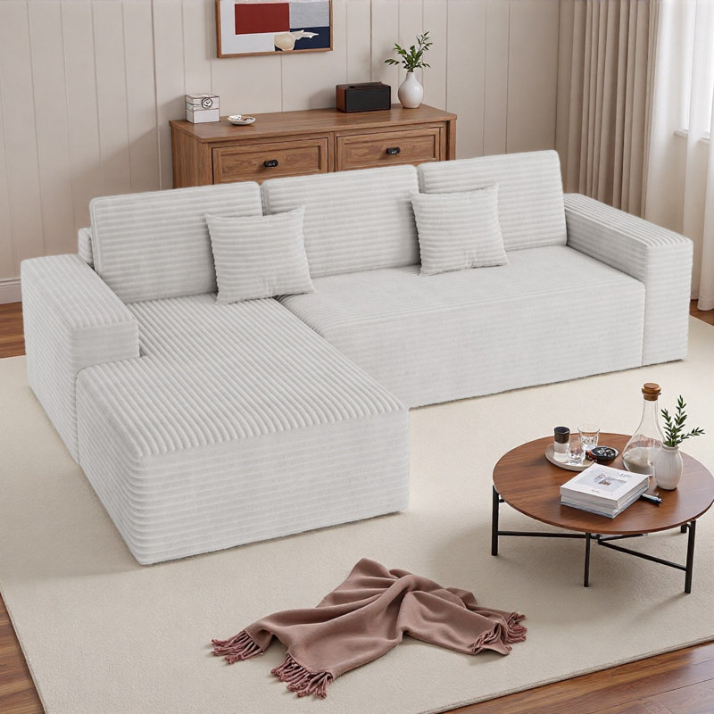 111" Modular Sectional Sofa With L-Shaped Chaise, No Assembly Required, White Corduroy